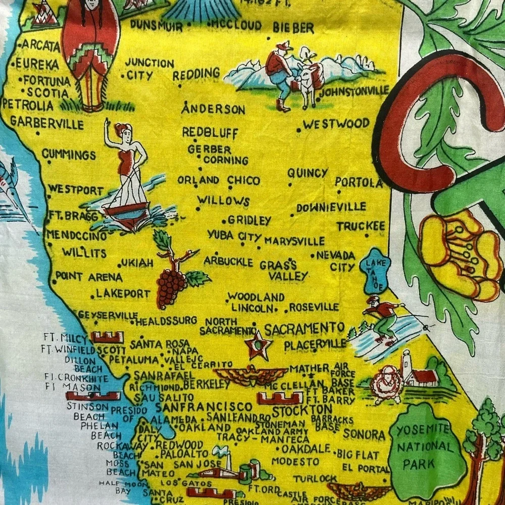 Vintage 1940s California Souvenir Map SILK Scarf Turquoise Yellow Red Oversized